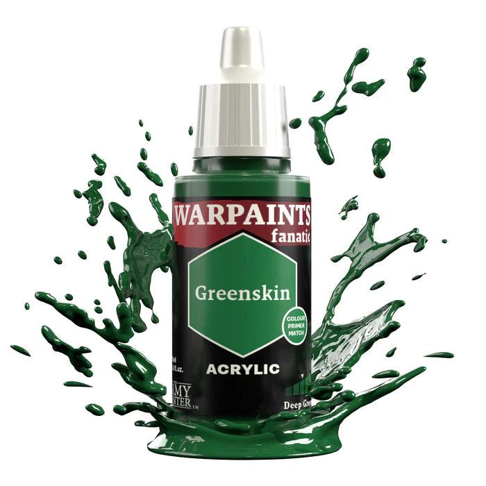 A bottle of Army Painter's "Warpaints Fanatic: Greenskin" acrylic paint takes center stage. This dark green bottle features a white cap and is surrounded by vivid green splashes, perfect for your next Flexible Colour Triad project. The label displays a hexagon design, reading “Deep Green.”.