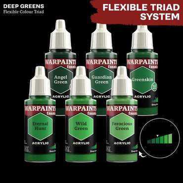 Six Army Painter Warpaints Fanatic: Greenskin bottles are grouped with unique shade names: Angel Green, Guardian Green, Greenskin, Eternal Hunt, Wild Green, and Ferocious Green. Topped with "FLEXIBLE COLOUR TRIAD," they're ideal for fans seeking vibrant versatility.