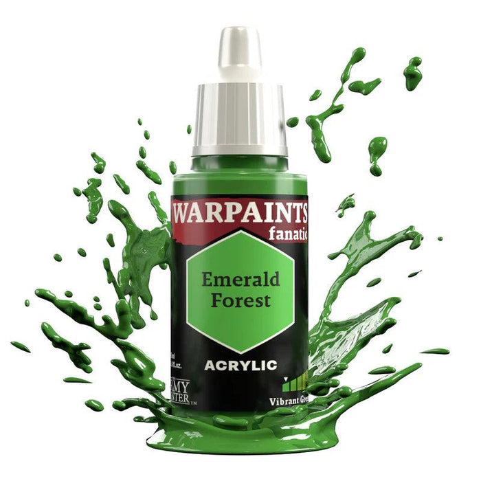 A bottle of Warpaints Fanatic: Emerald Forest by Army Painter is pictured. The label showcases a green hexagon with the color name on it. Vibrant greens splash around the bottle, emphasizing the paint's vibrancy. The white, pointed bottle cap resembles a dropper, perfect for precision.