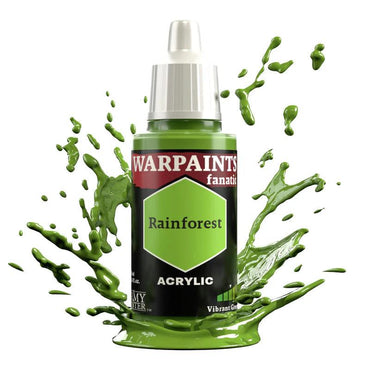 A Warpaints Fanatic: Rainforest acrylic paint bottle from Army Painter is centered, displaying its vivid yellowish-green hue. It features a hexagonal green label and a white cap, with dynamic green paint splashes creating an artistic backdrop perfect for any flexible color triad.