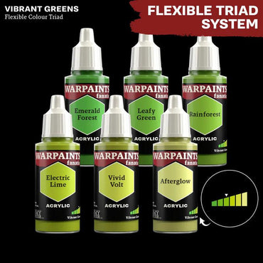 Image of six Warpaints Fanatic acrylic paint bottles by Army Painter, ideal for enthusiasts! Showcase an array of vibrant greens: Emerald Forest, Leafy Green, Rainforest, Electric Lime, Vivid Volt, and Afterglow. The Flexible Colour Triad system with gradient bar showcases the stunning color range.