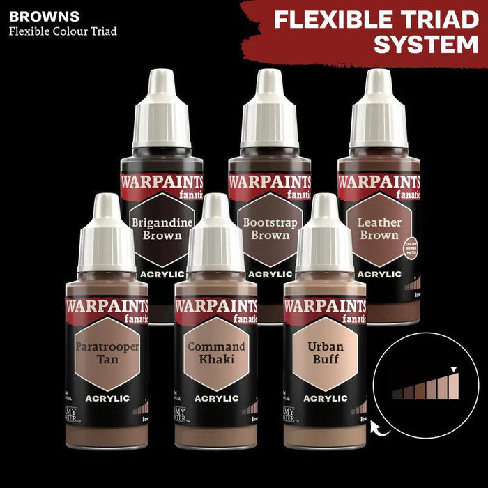 Image of six high-quality pigmentation acrylic paint bottles from the Warpaints range by Army Painter, arranged in two rows of three. The top row includes Brigandine Brown, Bootstrap Brown, and Leather Brown. The bottom row includes Paratrooper Tan, Command Khaki, and Warpaints Fanatic: Urban Buff. Text reads "Flexible Triad System for the Warpaints Fanatic.