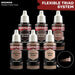 Image of six high-quality pigmentation acrylic paint bottles from the Warpaints range by Army Painter, arranged in two rows of three. The top row includes Brigandine Brown, Bootstrap Brown, and Leather Brown. The bottom row includes Paratrooper Tan, Command Khaki, and Warpaints Fanatic: Urban Buff. Text reads "Flexible Triad System for the Warpaints Fanatic.