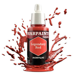 The Warpaints Fanatic: Legendary Red by Everything Games stands upright with its hexagonal red label. Utilizing the Flexible Colour Triad principle, dynamic red paint splashes around the bottle, forming an artistic and vibrant scene against a white background.