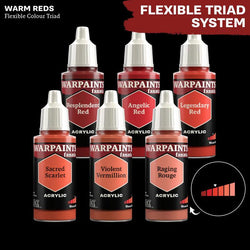 Six bottles of Everything Games Warpaints Fanatic: Legendary Red acrylic paint are set against a black backdrop, highlighting shades like Resplendent Red and Sacred Scarlet. A red gradient bar introduces the "Flexible Colour Triad System: Warm Reds" for every Warpaints enthusiast.