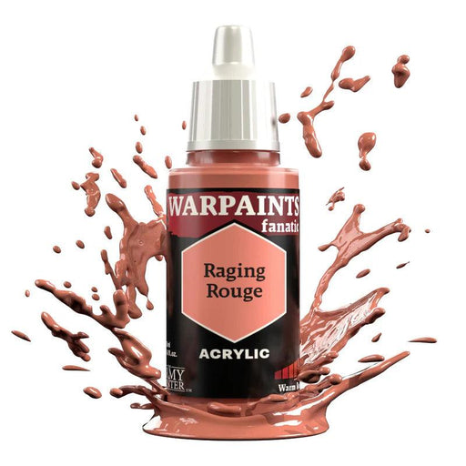 Image of a bottle of Warpaints Fanatic: Raging Rouge by Everything Games with the label "Raging Rouge." The red paint appears to be splashing out from behind and around the bottle, creating dynamic splatters. The bottle has a white cap and a black label with red and white text. Ideal for any Flexible Colour Triad needs.