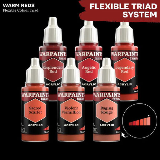 The image showcases six bottles of acrylic paint arranged in two rows. Each bottle displays text. Top row: "Resplendent Red," "Angelic Red," and "Legendary Red." Bottom row: "Sacred Scarlet," "Violent Vermillion," and "Raging Rouge." Header: "Flexible Colour Triad for the Warpaints Fanatic: Raging Rouge by Everything Games.