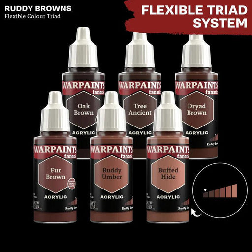 A Warpaints Fanatic: Oak Brown by Everything Games is shown. The colors included are Oak Brown, Tree Ancient, Dryad Brown, Fur Brown, Ruddy Umber, and Buffed Hide. Each bottle has a white dropper cap, with the phrase "Flexible Colour Triad System" displayed in the top-right corner—a must-have for any War