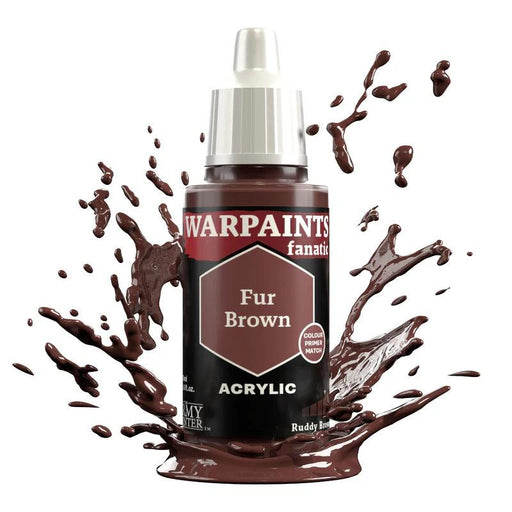 A bottle of Everything Games’ Warpaints Fanatic: Fur Brown is shown with paint splashes around it. The bottle has a hexagonal label with the paint color name and logo. The cap is white and pointed. Incorporating the Flexible Colour Triad, the paint appears rich and opaque, emphasizing a strong brown hue.