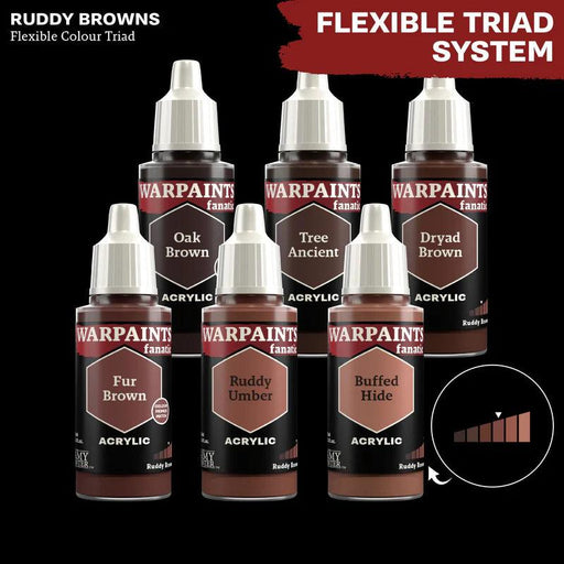 The image shows six bottles of Everything Games acrylic paint under the header "Warpaints Fanatic: Fur Brown Flexible Colour Triad," perfect for any Warpaints Fanatic. Each bottle is labeled differently: Oak Brown, Tree Ancient, Dryad Brown, Fur Brown, Ruddy Umber, and Buffed Hide. A small graphic illustrates a gradient of the colors.