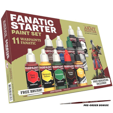 The Warpaints Fanatic: Starter Set - Combo by Everything Games includes an image showcasing its 11 acrylic paints in various colors such as "Pure Red," "Demonic Yellow," and "Green Skin." The packaging promotes a bonus free brush and a miniature figure, with the paints arranged vertically along with text and graphics.