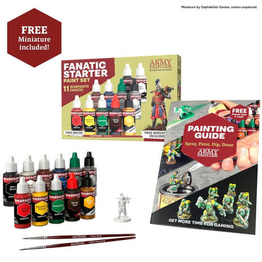 The image showcases the Warpaints Fanatic: Starter Set - Combo from Everything Games, which includes 11 acrylic paints, a miniature figure, two brushes, and a painting guide. This set features a variety of paint colors and is promoted with the slogan "Spray, Paint, Dip, Done." Additionally, the text highlights that a "Free Miniature Included!