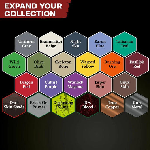 A color chart titled "Expand Your Collection" displays 24 hexagon-shaped swatches with various paint colors. As part of the Everything Games Warpaints Fanatic Most Wanted Set - Combo, these hues include Uniform Grey, Baron Blue, Talisman Teal, and Dragon Red. Perfect for any Painting Guide using a Basecoating Brush.