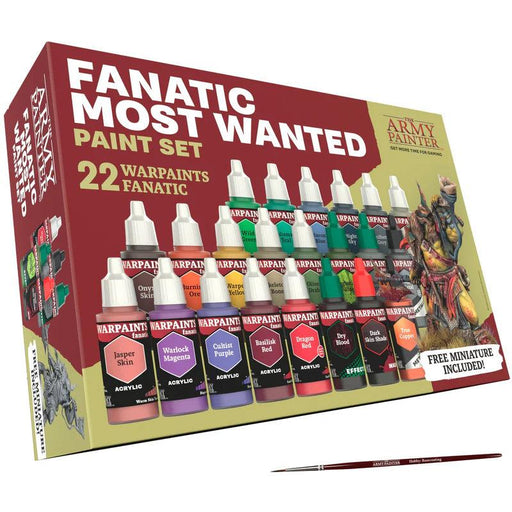 The "Warpaints Fanatic Most Wanted Set - Combo" from Everything Games includes 22 bottles of acrylic Warpaints in vibrant colors. The set also features a free miniature, a fine-point brush, and a helpful Painting Guide. The right side of the box showcases a painted fantasy warrior figure.