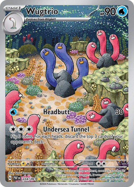 A Pokémon trading card titled "Wugtrio (224/091) [Scarlet & Violet: Paldean Fates]" features three pink eel-like Pokémon emerging from rocky underwater terrain. Each Wugtrio has a friendly expression. This Illustration Rare card from Pokémon includes "Stage 1," "90 HP," moves "Headbutt" and "Undersea Tunnel," and a detailed background with corals and colorful pebbles.