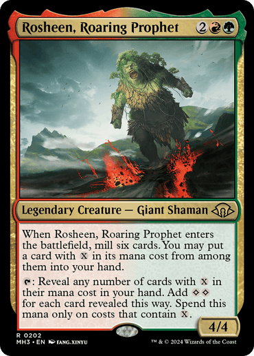 The image is of a Magic: The Gathering card named "Rosheen, Roaring Prophet [Modern Horizons 3]" from Magic: The Gathering. It is a Legendary Creature - Giant Shaman with a mana cost of 2, one red, and one green. With 4 power and 4 toughness, its effect involves milling six cards and gaining mana equal to the number milled. The artwork depicts a giant figure.