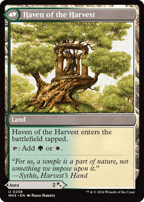 A Magic: The Gathering card from Modern Horizons 3 titled "Strength of the Harvest // Haven of the Harvest." It features an ancient, twisting tree with a wooden structure nestled among its branches. The card's text states it enters the battlefield tapped and can generate green or white mana. Below is a quote from "Sythris, Harvester's Hand.