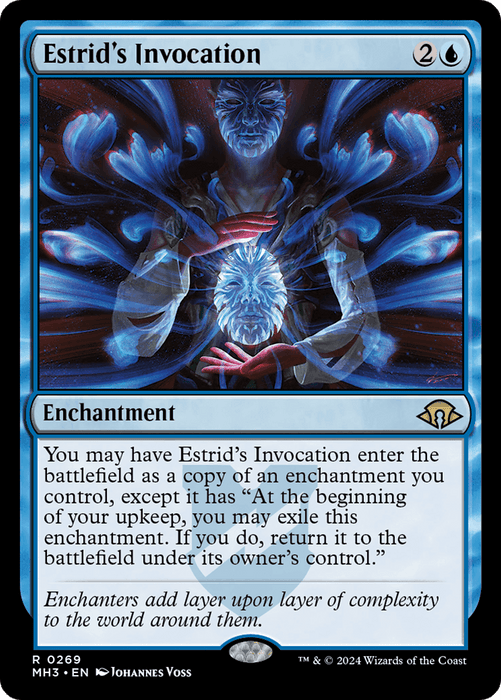 A blue Magic: The Gathering card titled "Estrid's Invocation [Modern Horizons 3]" features artwork by Johannes Voss of a magical figure summoning energy in a swirling, starry scene. This Enchantment costs 2U and allows it to copy an enchantment and be exiled, then returned to the battlefield. Available in Modern Horizons 3.