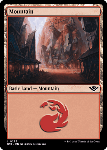 A "Magic: The Gathering" card named Mountain (0283) [Outlaws of Thunder Junction]. It's categorized as a "Basic Land - Mountain" from the Outlaws of Thunder Junction set. The artwork by Sergey Glushakov depicts a rustic village with pointed rooftops illuminated by the warm glow of surrounding mountains. The card background is predominantly red, with a red mana symbol.
