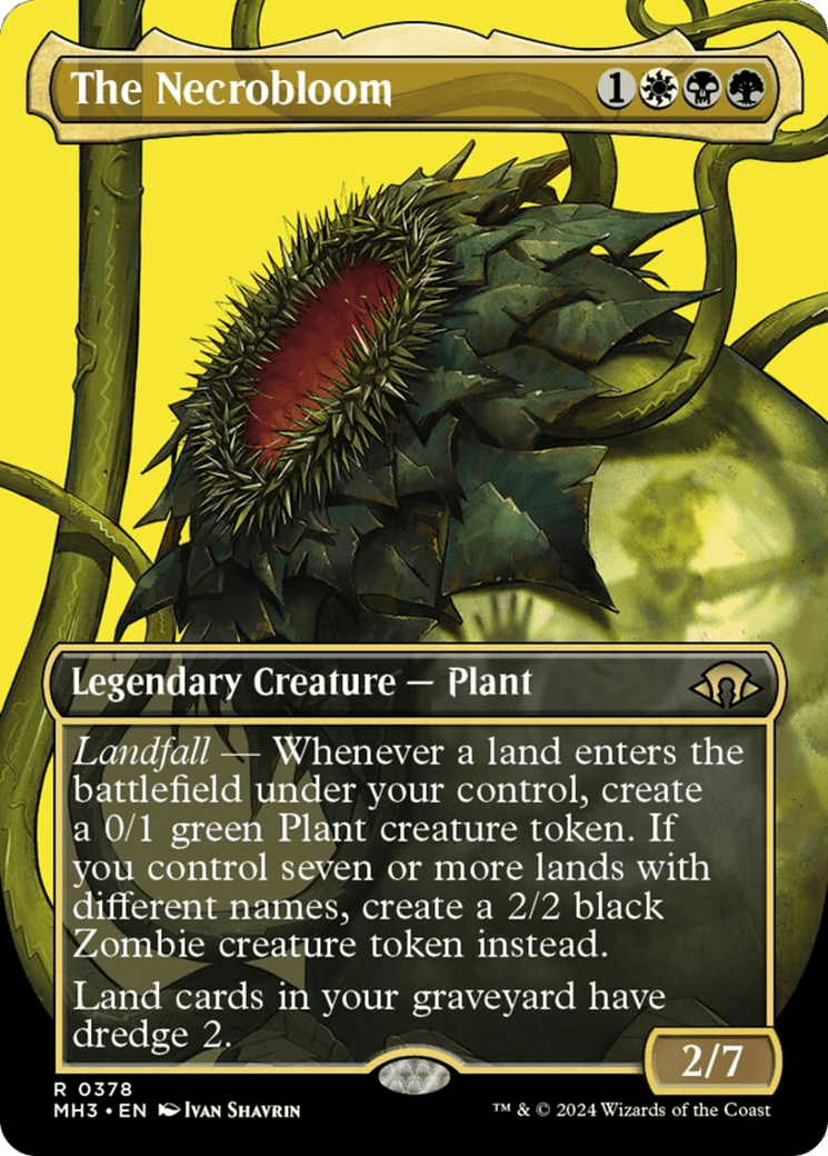 The Necrobloom (Borderless) [Modern Horizons 3], from Magic: The Gathering: A Legendary Creature - Plant with 2 power and 7 toughness. Its 