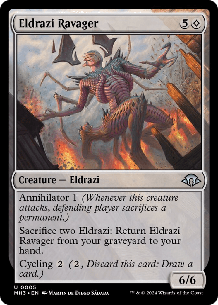 The image depicts a Magic: The Gathering card named Eldrazi Ravager [Modern Horizons 3]. The art features a monstrous, multi-limbed creature with a spiky exoskeleton and two large claws. The card includes 