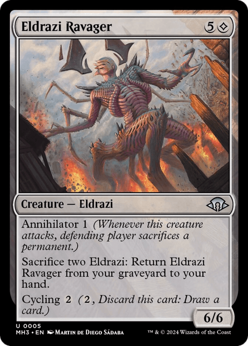 The image depicts a Magic: The Gathering card named Eldrazi Ravager [Modern Horizons 3]. The art features a monstrous, multi-limbed creature with a spiky exoskeleton and two large claws. The card includes "Annihilator 1" and "Sacrifice two Eldrazi: Return Eldrazi Ravager from your graveyard to your hand." It boasts