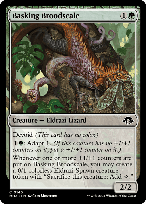 A Magic: The Gathering card named "Basking Broodscale [Modern Horizons 3]." It costs 1 generic and 1 green mana to cast. The card is a Creature type Eldrazi Lizard with a power of 2 and toughness of 2. Part of Modern Horizons 3, it has Devoid, Adapt 1, and creates Eldrazi Spawn tokens when +1/+1 counters are put on.