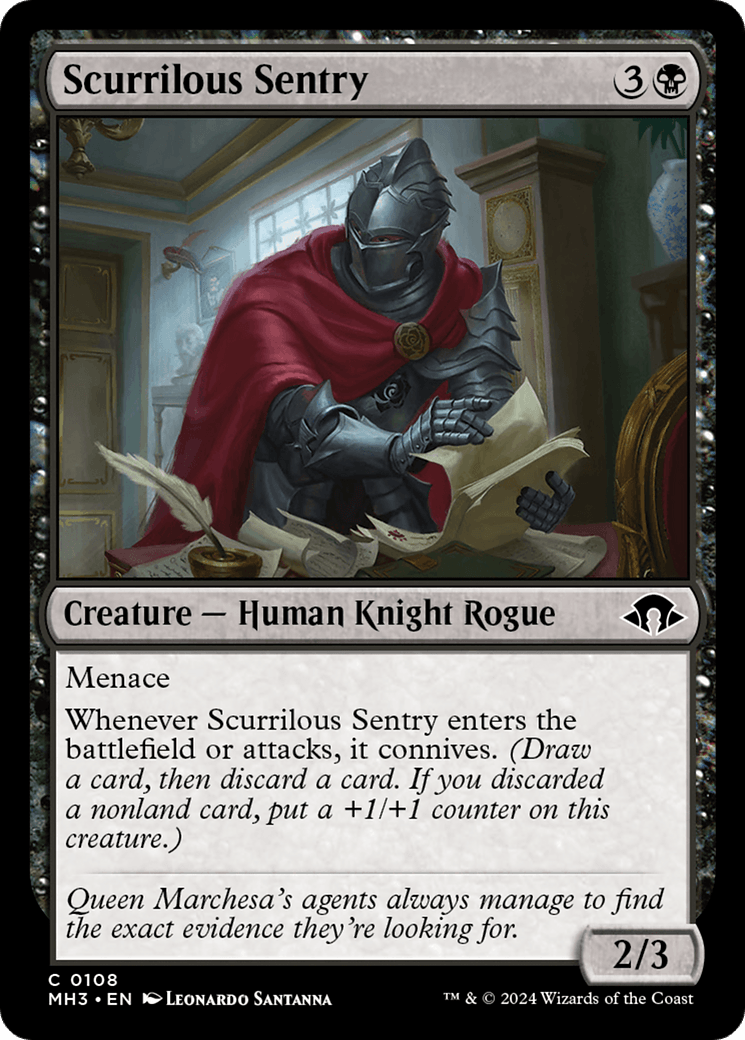 Scurrilous Sentry, the Human Knight Rogue, sits at a wooden desk covered with parchment. He reads a scroll, surrounded by paper and a dagger. The card's attributes are: cost 3B, menace ability, 2/3 strength. Flavor text: 