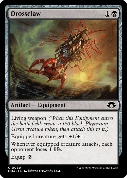 A Magic: The Gathering card from *Modern Horizons 3* titled "Drossclaw [Modern Horizons 3]." With a casting cost of 1 generic mana and 1 black mana, this Artifact – Equipment card features a looming, claw-like metallic structure surrounded by reddish energy. It has Living Weapon, grants +1/+1 to the equipped creature, causes loss of life to opponents, and has an Equip cost.