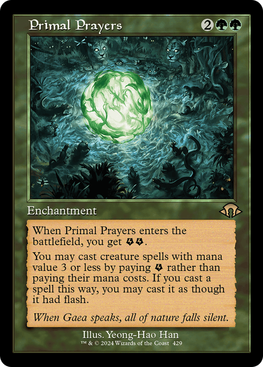 A Magic: The Gathering card titled "Primal Prayers (Retro) [Modern Horizons 3]" from Magic: The Gathering. This enchantment costs 2 generic and 2 green mana. The illustration by Yeong-Hao Han features a bright glowing orb amid dark, twisted trees and foliage. The card text describes its abilities during gameplay.