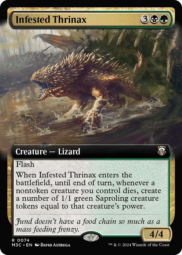 A spiky, ferocious lizard with an open mouth rises from murky water surrounded by green foliage. The card's border features green, black, and gold, indicating a creature card type. Text reads “Infested Thrinax (Extended Art) [Modern Horizons 3 Commander]” and describes its abilities, including creating Saproling tokens. Power/Toughness: 4/4. A must-have for any Magic: The Gathering
