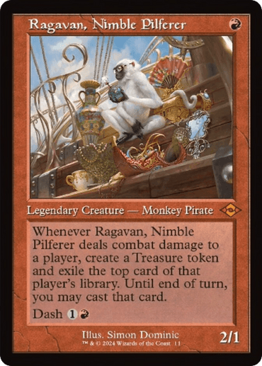 A Magic: The Gathering card featuring "Ragavan, Nimble Pilferer (Retro) [Modern Horizons 3]," a Mythic Legendary Creature. This white Monkey Pirate, illustrated by Simon Dominic, is perched among treasures. With 2/1 power/toughness and a red border, it creates Treasure tokens and exiles cards with each combat damage dealt. Dash 1R.