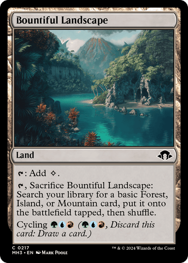 A Magic: The Gathering card from Modern Horizons 3, Bountiful Landscape [Modern Horizons 3] is a land card depicting a lush valley surrounded by rocky cliffs, with a river winding through a forest. Featuring art by Mark Poole, it includes abilities for adding colorless mana, searching for basic land cards, and cycling.