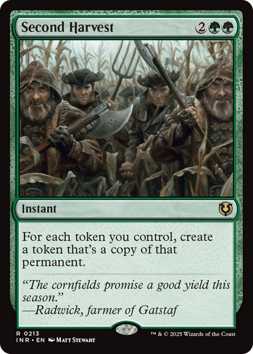 The Magic: The Gathering card "Second Harvest" from Innistrad Remastered depicts four solemn farmers among corn stalks. This rare, green instant costs two generic and two green mana and features gameplay text with a thematic quote.