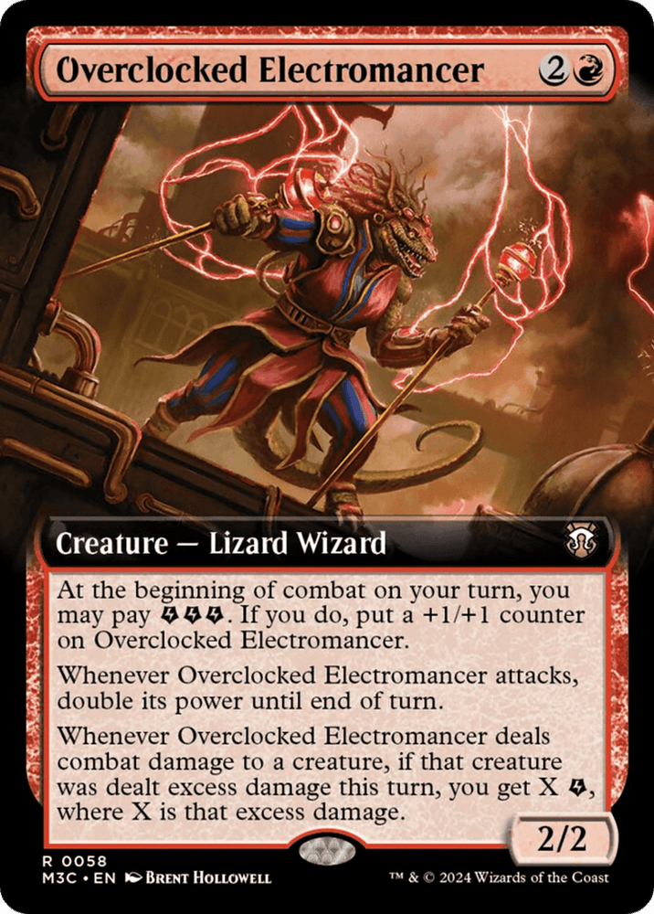 A card from Magic: The Gathering titled "Overclocked Electromancer (Extended Art) (Ripple Foil) [Modern Horizons 3 Commander]." The card features a lizard wizard casting lightning spells in a mechanical, industrial setting with a large coil. Ideal for Commander or Modern Horizons 3 decks, its text includes casting cost, boosting attack power, doubling damage, and gaining 'X' for excess damage.