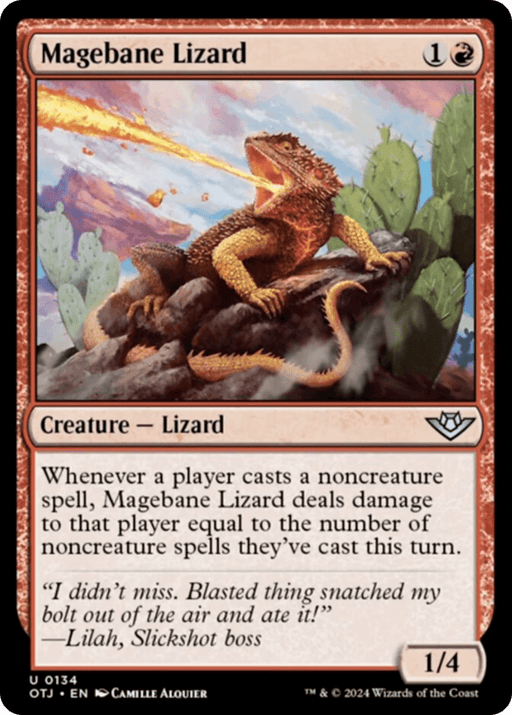 The image is a Magic: The Gathering product named Magebane Lizard [Outlaws of Thunder Junction]. It costs 1 colorless and 1 red mana and has 1 power and 4 toughness. This creature lizard deals damage to a player whenever they cast a noncreature spell, featuring a flavor quote by Lilah, Slickshot boss.