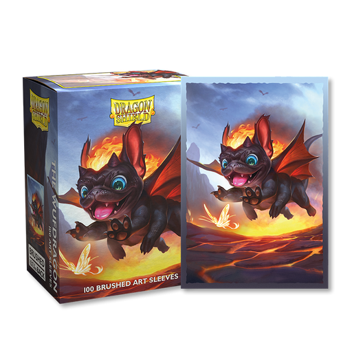 A box of Arcane Tinmen's Dragon Shield: Standard 100ct Brushed Art Sleeves - The Wufdragon showcases a charming, vibrant illustration of a joyful Wufdragon with large blue eyes and red wings, playfully chasing an illuminated butterfly against a fiery, volcanic backdrop. Perfect for TCG cards, the box contains 100 brushed art sleeves.