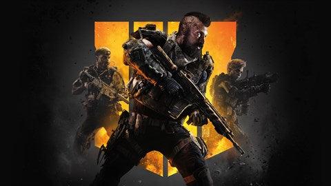 A promotional image for Everything Games' Call of Duty Black Ops 4 on Xbox One shows three heavily armed soldiers in black tactical gear against a large, yellow-orange Roman numeral 