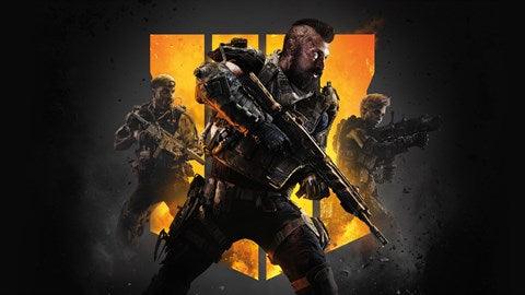 A promotional image for Everything Games' Call of Duty Black Ops 4 on Xbox One shows three heavily armed soldiers in black tactical gear against a large, yellow-orange Roman numeral "IV." The central soldier has a mohawk and wields a rifle, while the other two flank him, aiming their weapons. The dark background is gritty and intense.