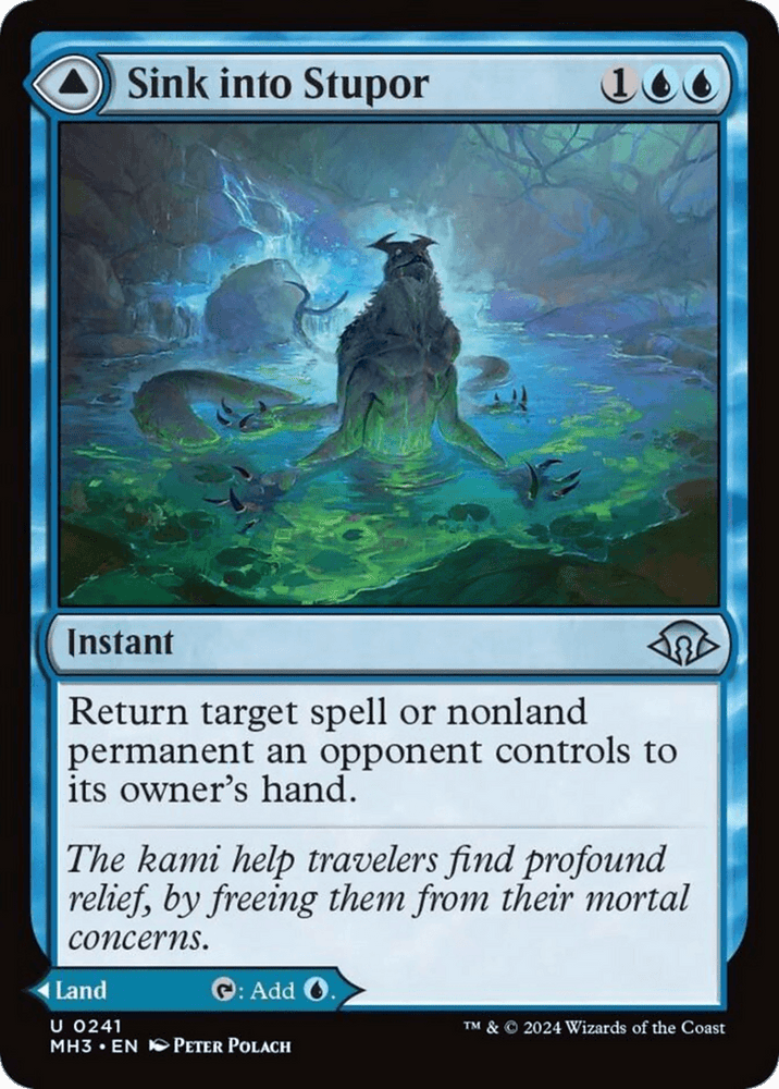 A Magic: The Gathering card titled "Sink into Stupor // Soporific Springs [Modern Horizons 3]" with an uncommon blue color scheme. This instant from Modern Horizons 3 costs 1 generic and 2 blue mana to cast. The artwork shows a mystical creature emerging from a murky swamp, returning a target spell or nonland permanent to its owner’s hand. The flavor text reads, "The kami help travelers find profound relief.