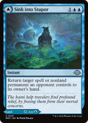 A Magic: The Gathering card titled "Sink into Stupor // Soporific Springs [Modern Horizons 3]" with an uncommon blue color scheme. This instant from Modern Horizons 3 costs 1 generic and 2 blue mana to cast. The artwork shows a mystical creature emerging from a murky swamp, returning a target spell or nonland permanent to its owner’s hand. The flavor text reads, "The kami help travelers find profound relief.