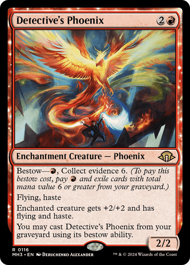 Detective's Phoenix is a red Enchantment Creature - Phoenix card from Magic: The Gathering, costing 2 colorless and 1 red mana. This 2/2 phoenix boasts Bestow, Collect Evidence 6, and Flying abilities. The illustration showcases the fiery phoenix soaring against a blue sky.