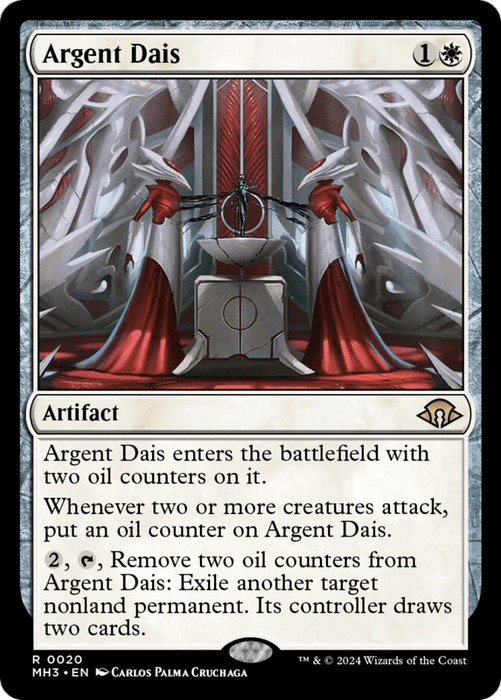 A rare Magic: The Gathering card named Argent Dais [Modern Horizons 3], an artifact from Modern Horizons 3 with a casting cost of 1 and W. The artwork depicts a grand, ornate dais with two robed figures. The card text details abilities linked to oil counters, including removing counters to exile nonland permanents and draw cards.