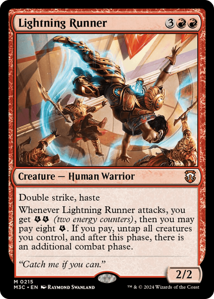 A "Magic: The Gathering" card named "Lightning Runner (Ripple Foil) [Modern Horizons 3 Commander]" is depicted. The card costs 3 generic and 2 red mana. It is a Creature — Human Warrior from Modern Horizons 3 Commander with 2/2 power and toughness, boasting double strike, haste, and an energy-related action. The artwork showcases a warrior in dynamic motion.