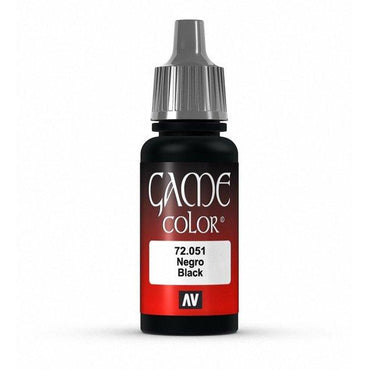 The Vallejo Black Game Color 2 Paint, a 17ml bottle, stands against a red gradient background. Featuring a sleek design with a gray cap and AV logo, this acrylic provides matte, opaque coats perfect for fantasy figures, highlighted by contrasting white text.