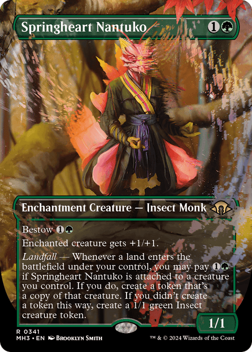 A Magic: The Gathering card titled "Springheart Nantuko (Borderless) [Modern Horizons 3]" from the upcoming Magic: The Gathering set. This Enchantment Creature - Insect Monk features an insect monk with pink, flower-like appendages and a green, black, and pink color scheme. It costs 1 green and 1 generic mana to cast.