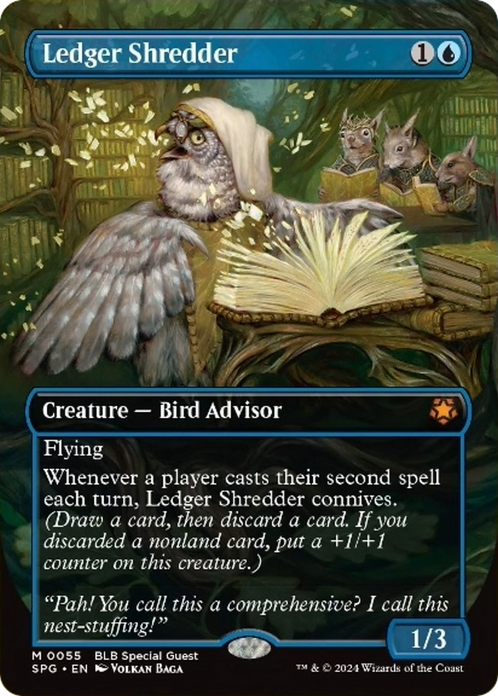 The Magic: The Gathering card "Ledger Shredder (Borderless) [Bloomburrow Special Guests]" features a Rare Creature — Bird Advisor, an anthropomorphic owl with eyeglasses, quill, and parchment. Surrounded by books and ink in a study, this flying creature gains +1/+1 counters under certain conditions.