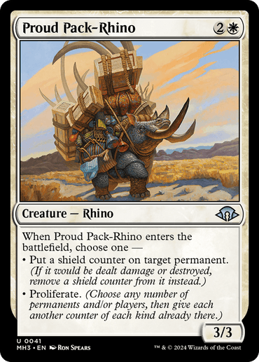 The image is of a Magic: The Gathering card titled "Proud Pack-Rhino [Modern Horizons 3]" from Magic: The Gathering. It depicts a detailed illustration of a rhinoceros carrying a large pack on its back, filled with various supplies. This Creature — Rhino costs 2W to cast, has a power/toughness of 3/3, and gains a shield counter upon entering the battlefield.