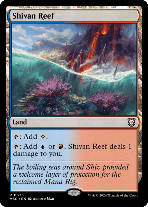 A Magic: The Gathering card titled "Shivan Reef [Modern Horizons 3 Commander]" from Modern Horizons 3 Commander. This rare land features vibrant artwork of a volcanic island surrounded by churning seas and colorful underwater flora. It grants colorless mana, or blue/red mana at the cost of 1 damage.