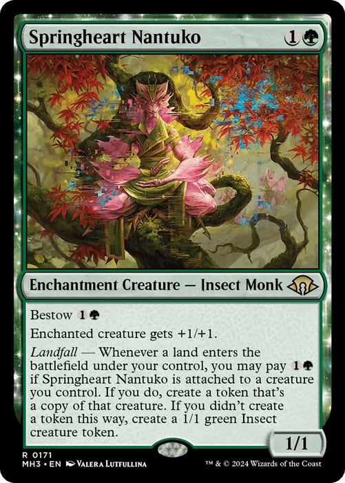 A card depicting an Enchantment Creature sitting on a tree, reminiscent of the Landfall mechanics introduced in Modern Horizons 3, like the Springheart Nantuko from Magic: The Gathering.